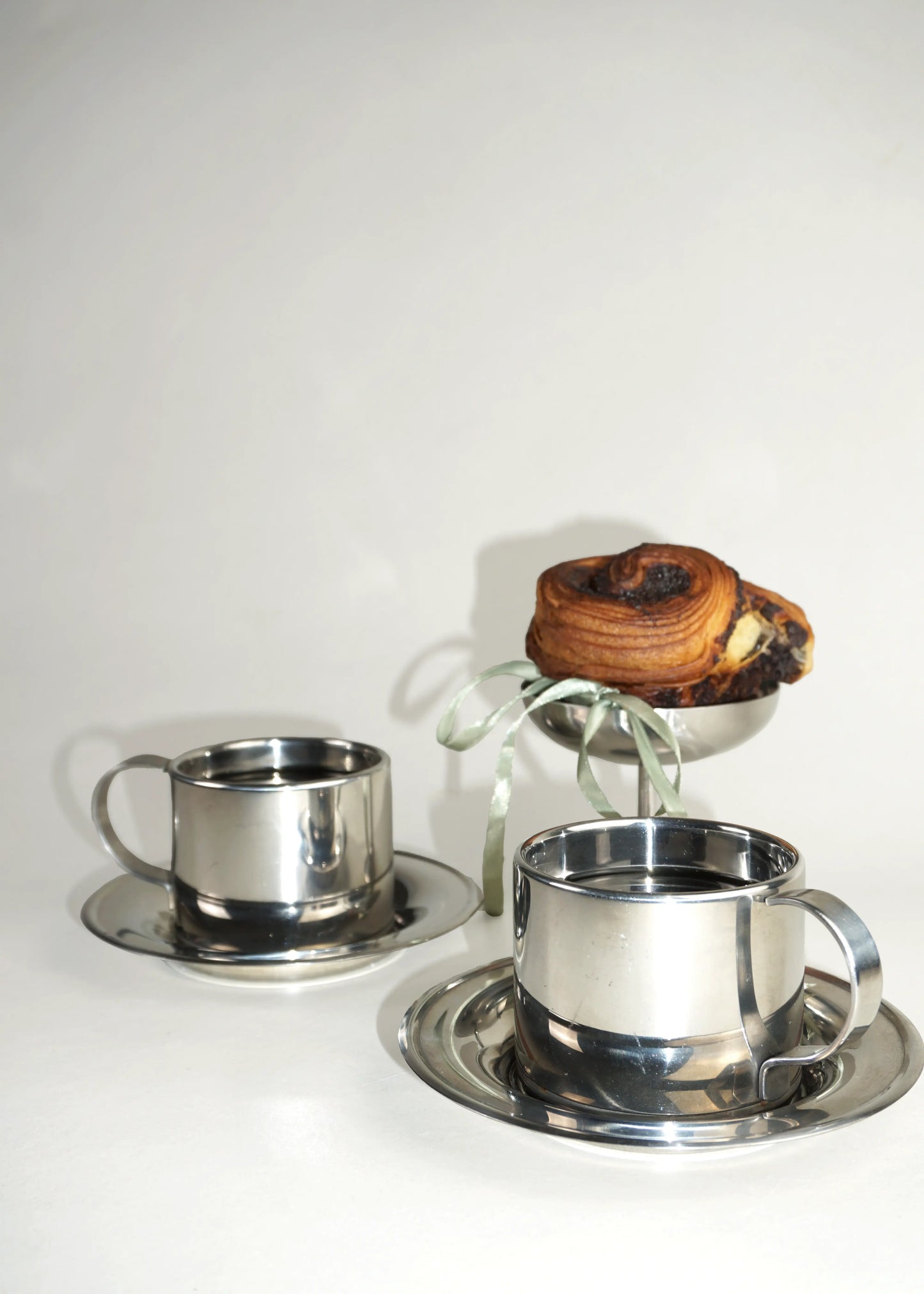 Vintage Stainless Steel Cups Set of 2 with Saucers