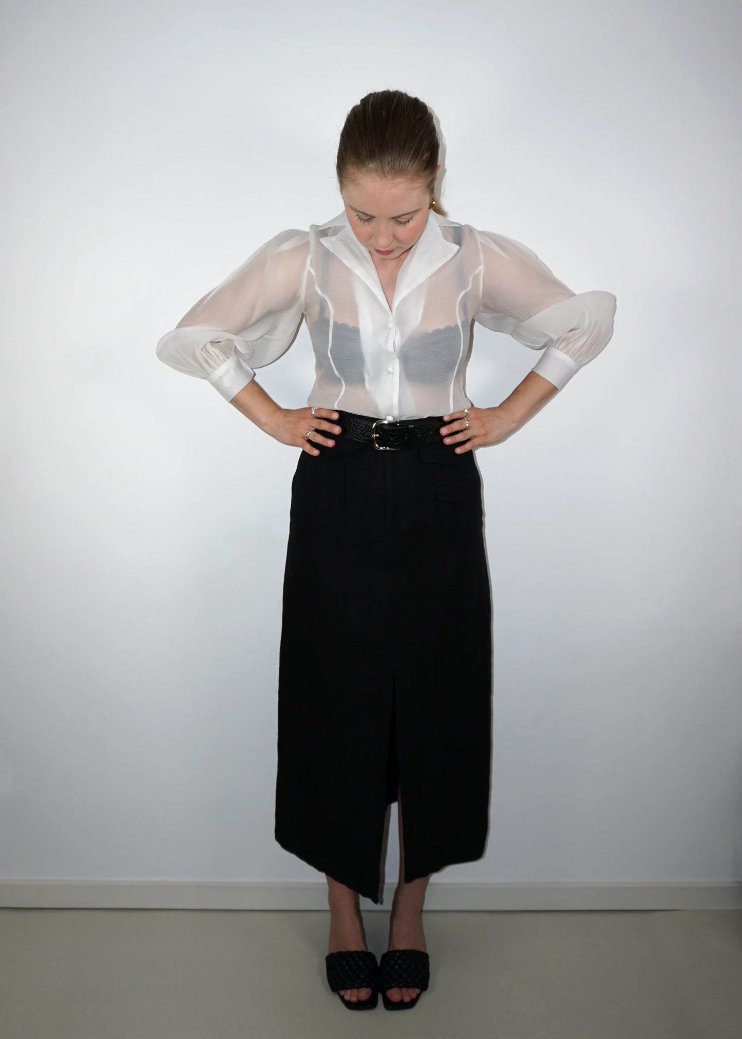 Sheer Structured Blouse with Sculpted Sleeves