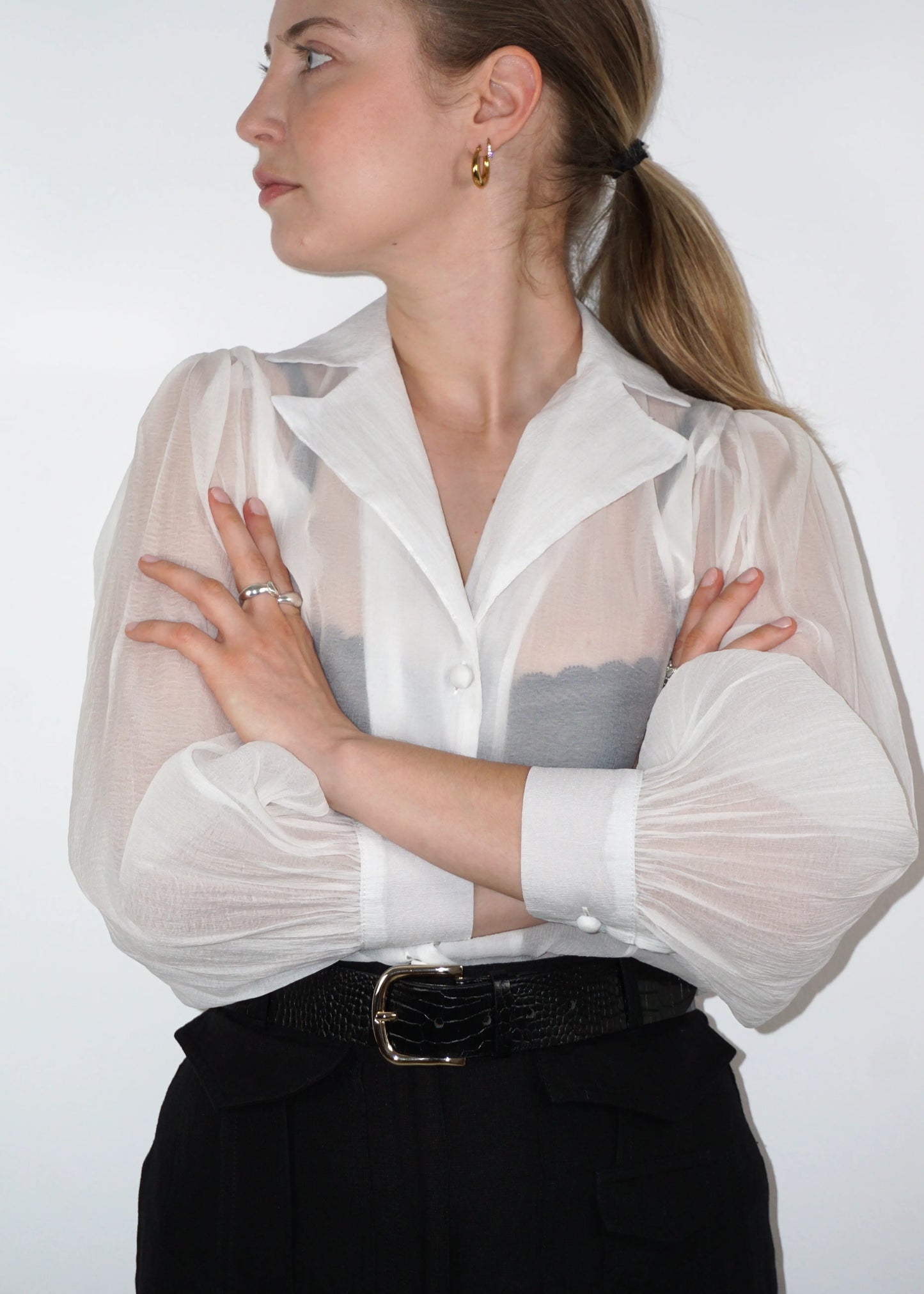 Sheer Structured Blouse with Sculpted Sleeves