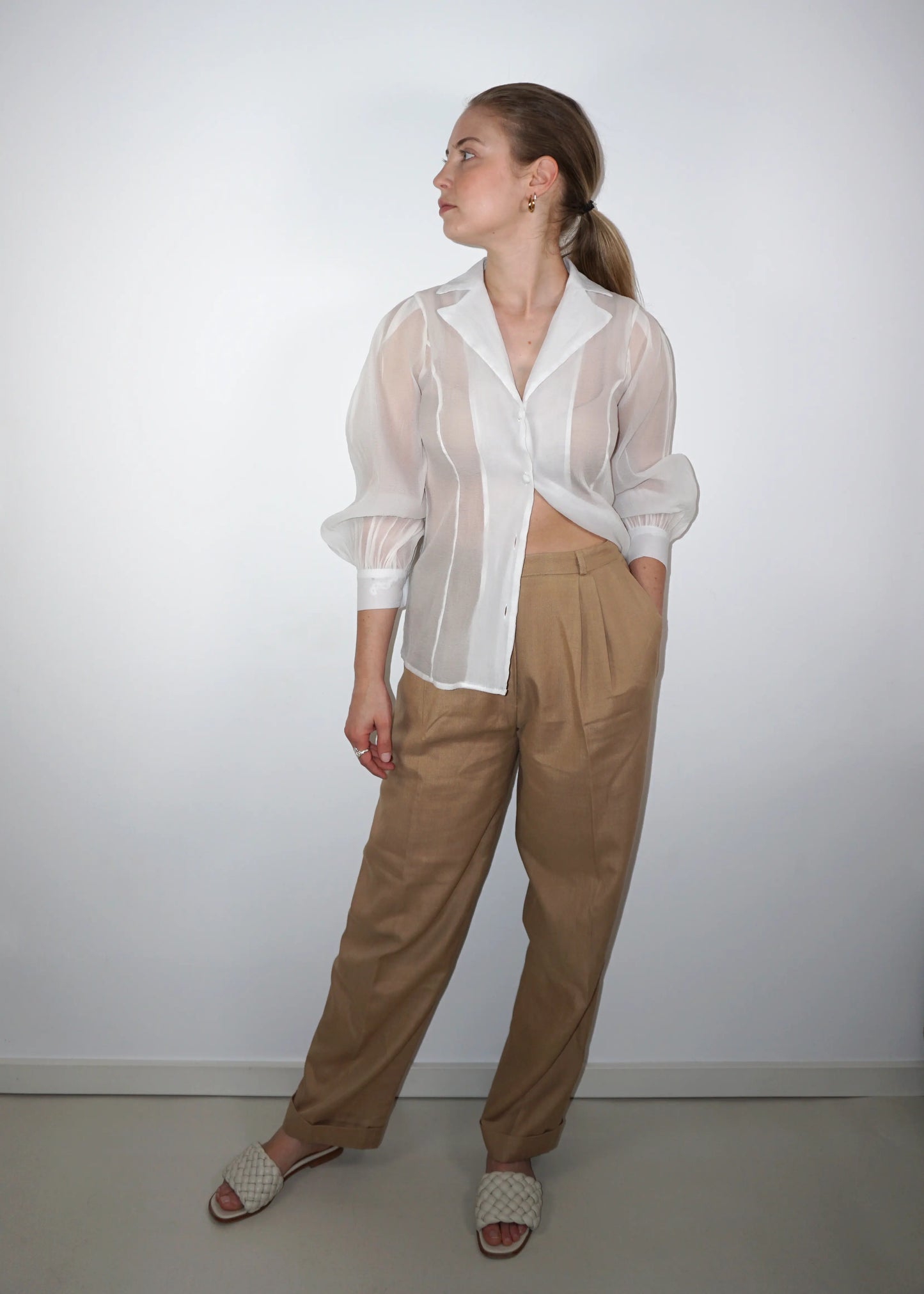 High-Waisted Linen Blend Trousers
