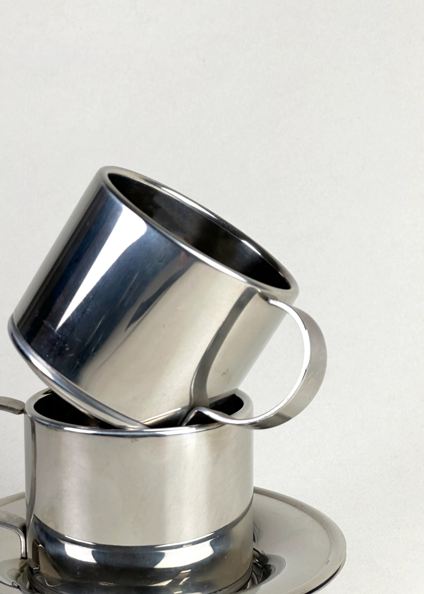 Vintage Stainless Steel Cups Set of 2 with Saucers