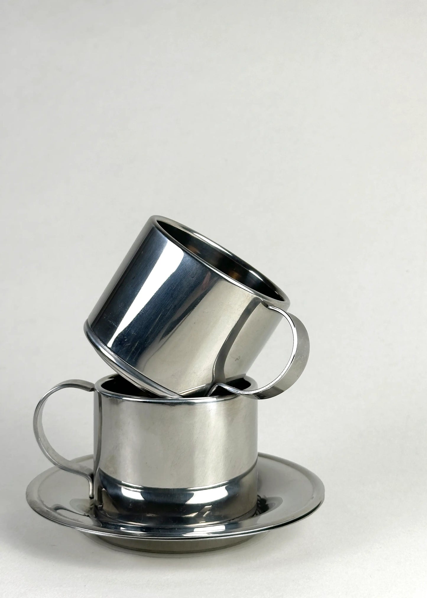 Vintage Stainless Steel Cups Set of 2 with Saucers