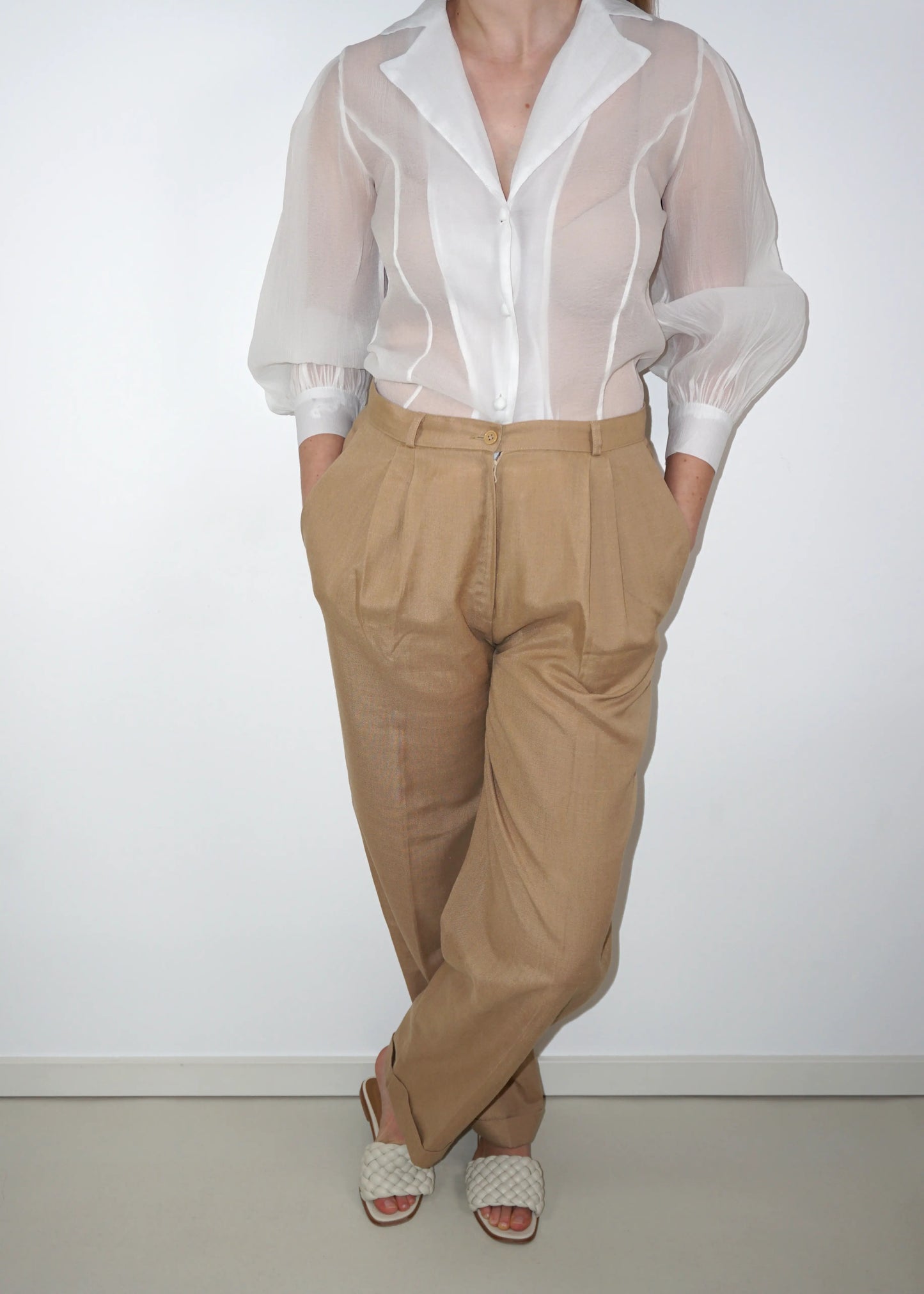 High-Waisted Linen Blend Trousers