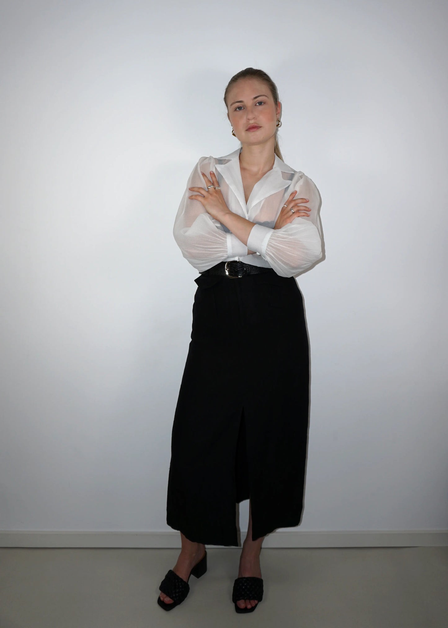 Sheer Structured Blouse with Sculpted Sleeves